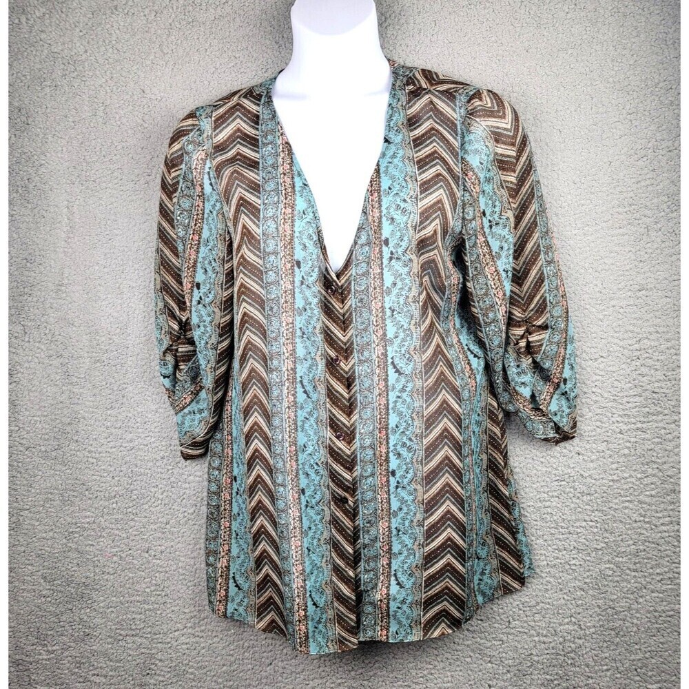 Emma James Top Womens Large Turquoise Brown Sheer Button-Up Lagenlook